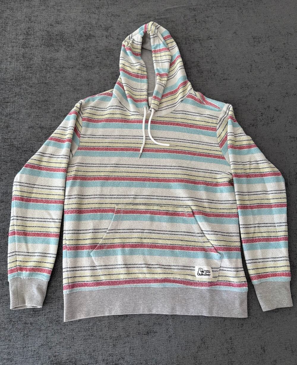 Quiksilver Mens Large L Striped Pullover Hoodie Sweatshirt Multicolor Surf